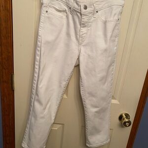 Levi’s Cropped White pants, pink checked shirt free with purchase of jeans.